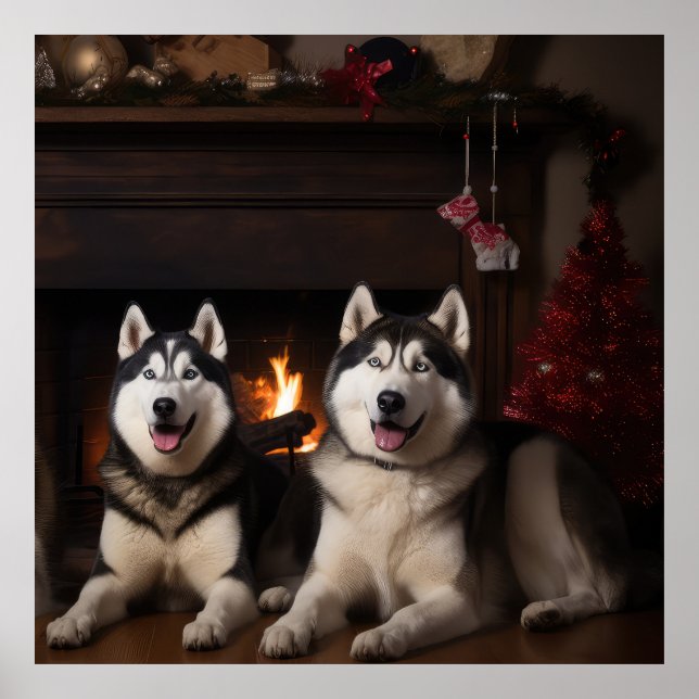 Poster Malamute en Alaska près de la cheminée Noël (Devant)