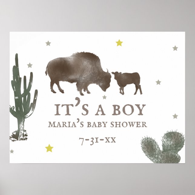 Poster Mama Baby Buffalo Cactus Baby shower garçon (Devant)