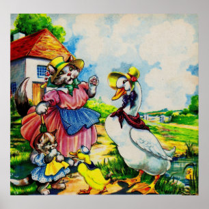 Poster mama kitty cat et baby kitty visit canards dans le
