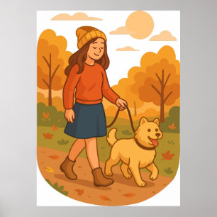 Poster Maman de chien mignon promenant son chiot dans une