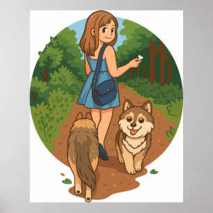 Poster Maman de Chien Mignonne Marchant avec des Chiots s