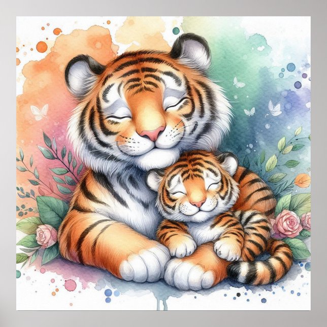 Poster Maman et bébé tigre (Devant)