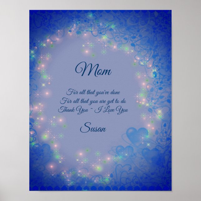 Poster Maman Je t'aime Coeurs Bleus Personnalisé (Devant)