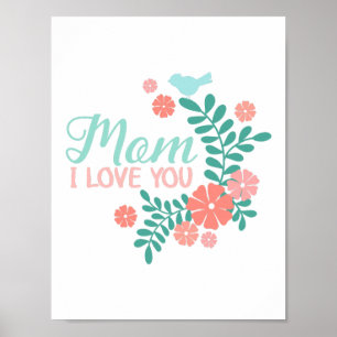 Poster Maman je t'aime texte, fleurs roses, oiseaux bleus