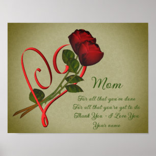 Poster Maman Merci Aimer Rouge Roses Coeur Personnalisé