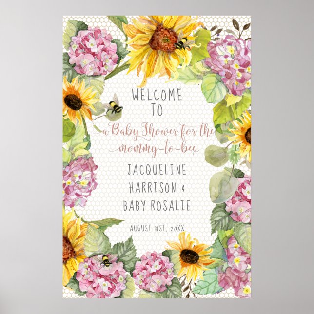 Poster Maman to Bee Bumblebee Sunflower Rose Hydrangeas (Devant)