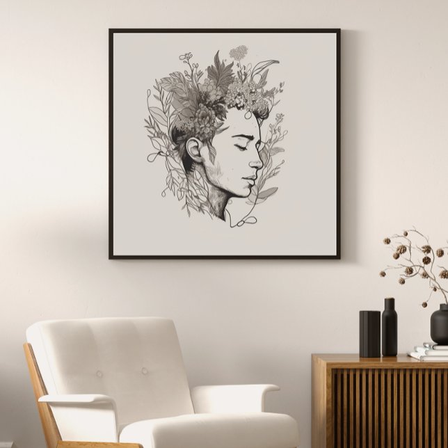 Poster Man Black Line Art avec Flower Boho style (Créateur téléchargé)