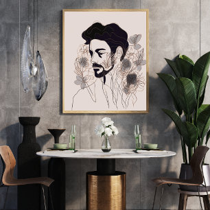 Poster Man Black Line Art avec Flower Boho style