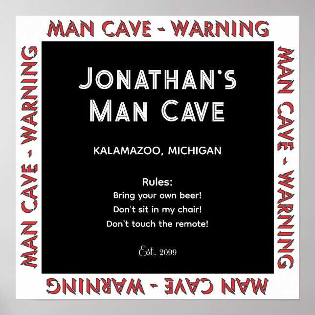 Poster Man Cave Sign Warning w Rules (Devant)