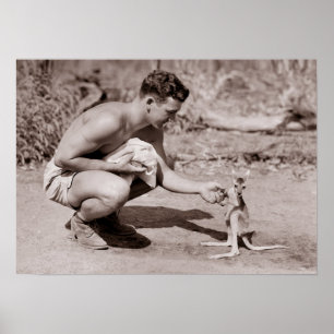 Poster Man with Baby Kangaroo