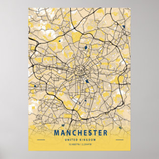 Poster Manchester - Royaume-Uni Carte de la ville jaune