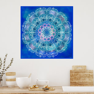 Poster Mandala 12 Turquoise bleu sur Arrière - plan bleu 