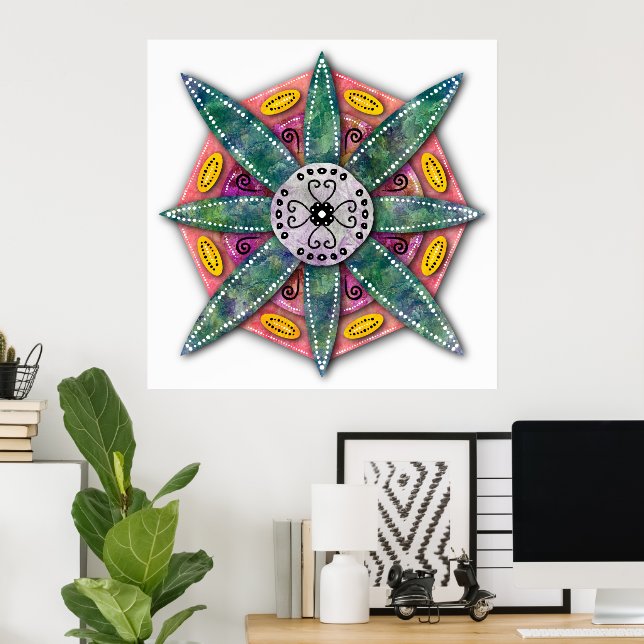 Poster Mandala 8 pétales de fleurs vertes sur rouge (Bureau à domicile)