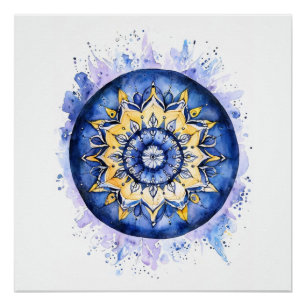 Poster Mandala aquarelle bleu et jaune