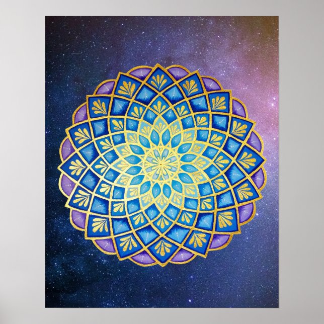Poster Mandala Blue Purple Golden Flower Galaxy (Devant)