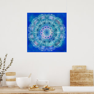 Poster Mandala contour blanc aquarelle bleue -