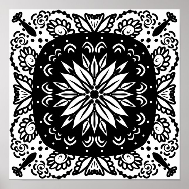 Poster Mandala Doodle Art noir blanc (Devant)