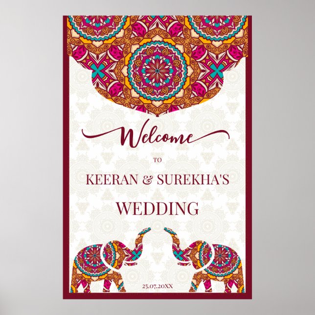 Poster Mandala elephant Indian wedding welcome sign (Devant)
