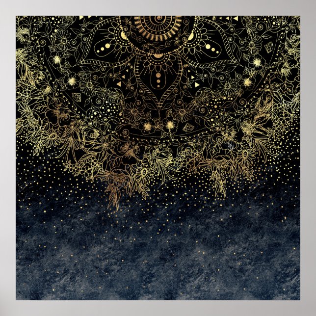 Poster Mandala et confetti floraux d'or (Devant)