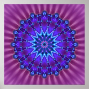 Poster Mandala étoile en bleu   fleur magenta