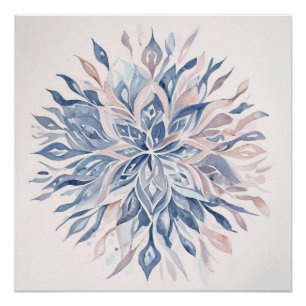 Poster Mandala floral aquarelle bleu et rose clair