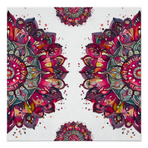 Poster Mandala floral aquarelle rouge foncé, vert