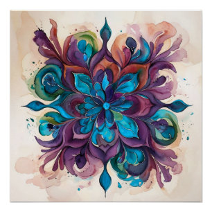 Poster Mandala floral aquarelle violet et bleu