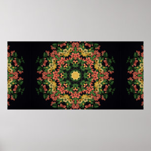 Poster Mandala floral clair aux fleurs rouges et jaunes.