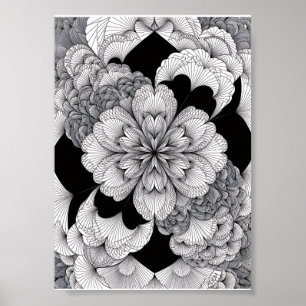 Poster Mandala Floral Monochrome Élégant Noir Et Blanc