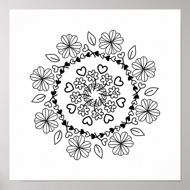Poster Mandala floral noir simple sur un arrière - plan b (Devant)