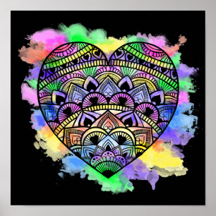 Poster Mandala Heart Multicolor Aquarelle Imprimer