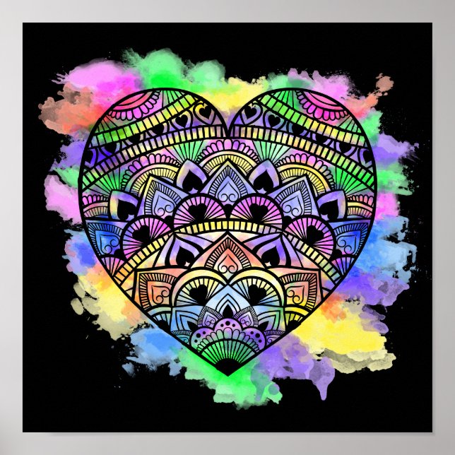 Poster Mandala Heart Multicolor Aquarelle Imprimer (Devant)
