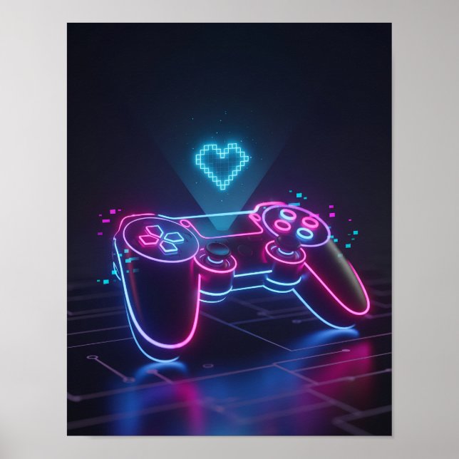 Poster Manette de jeu Cyberpunk – Cœur Pixel Néon (Devant)
