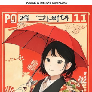 Poster Manga Girl avec un parapluie rouge   Art pop japon