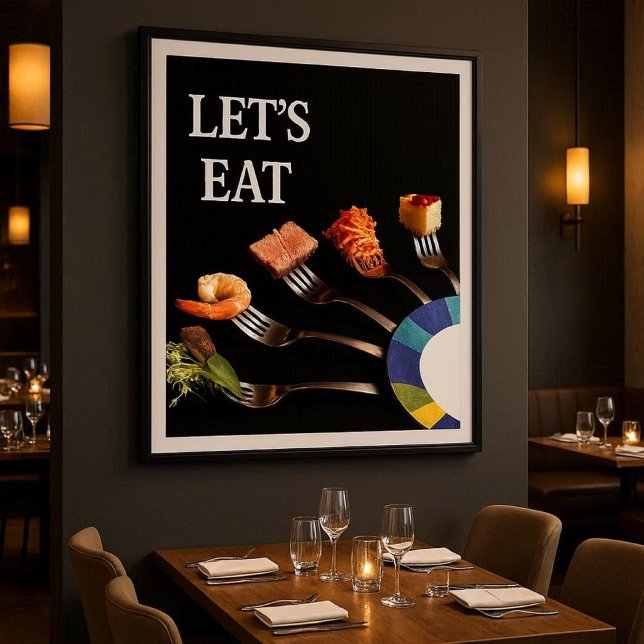 Poster Mangeons de la nourriture sur les fourches Black M (Modern “Let’s Eat” premium poster for home or business use  perfect for dining rooms, restaurants)