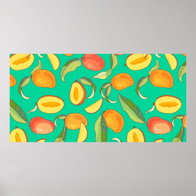Poster Mango. Motif sans couture avec tropique jaune et r (Devant)