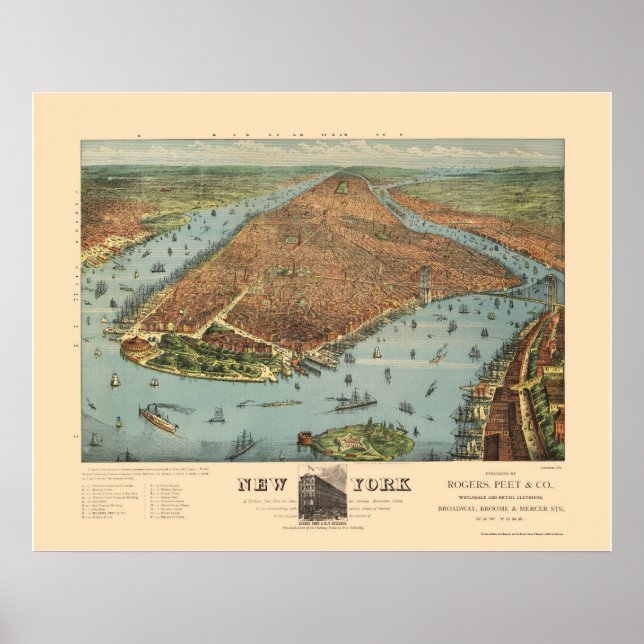 Poster Manhattan, NY Carte panoramique - 1879 (Devant)