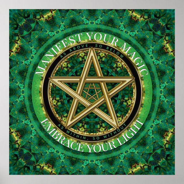 Poster Manifest Your Magic Golden Pentacle Nature Green (Devant)