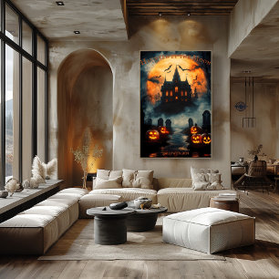 Poster Manoir hanté Halloween avec citrouilles Jack-O'-La