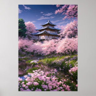 Poster Mansion japonaise embrassée par Sakura Blossoms