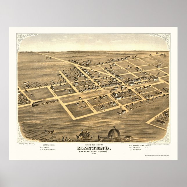 Poster Manteno, IL Carte panoramique - 1869 (Devant)