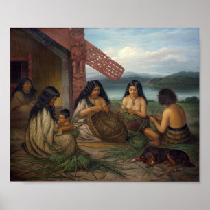 Poster Maoris tressant des paniers de lin, par G.