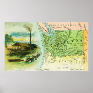 Poster Map View of the State with a Lumbering Scene