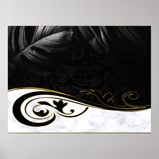 Poster Marbre blanc, Noir, Filigree Or (Devant)