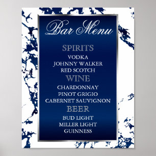 Poster Marbre Bleu Marine, Argent & Blanc - Menu du Bar