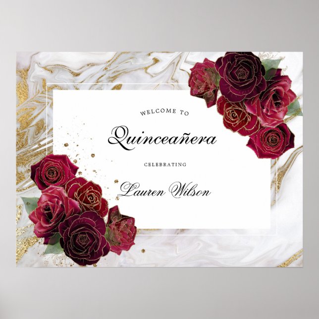Poster marbre d'or Quinceanera rose florale (Devant)