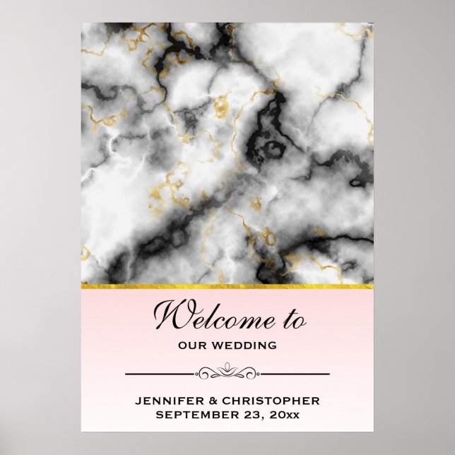 Poster Marbre gris blanc moderne Mariage accueil (Devant)