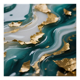 Poster Marbre Liquide Saphé Turquoise et Or Luxueux