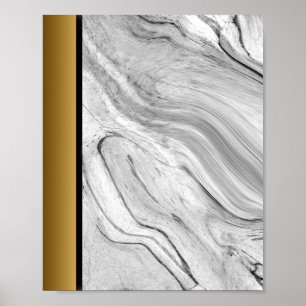 Poster Marbre noir gris blanc / Art bordé d'or noir