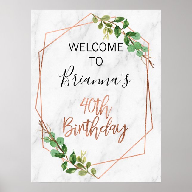 Poster Marbre Rose Gold Foliage 40e anniversaire Bienvenu (Devant)